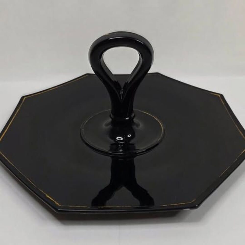 Art Deco Black Amethyst Glass Handled Tray | LE Smith or Beaumont Glass | 1930s
